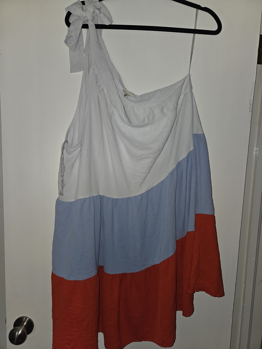 Colorblock One-Shoulder Summer Dress - White, Light Blue & Red